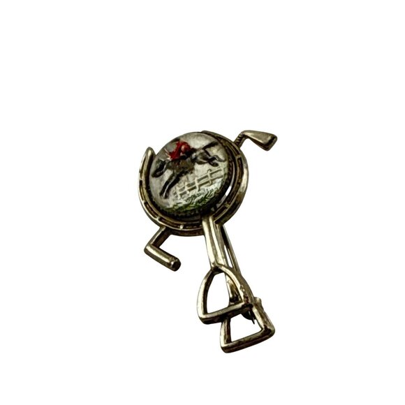 Vintage Reverse Intaglio Horse Brooch Equestrian Hunting Scene Stirrup Pin - Picture 7 of 8